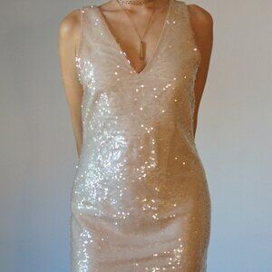 Nude Sequin Shift Dress, Lined Darted V-Neck Party, Size XS